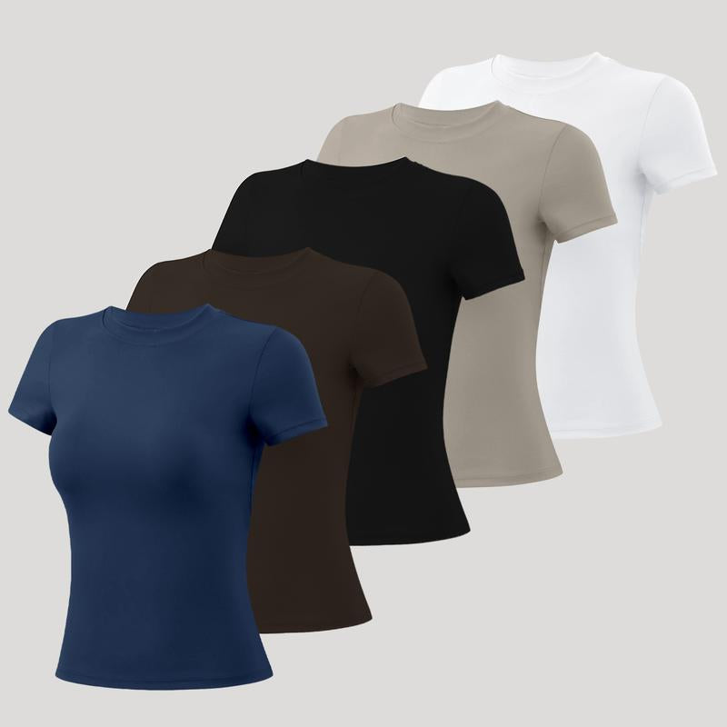 Timeoff 5 - Piece Solid Sports Tee Set , round Neck, Slim & Stretchy , Ideal for Yoga, Gym , Workouts – Women’S Athletic Wear
