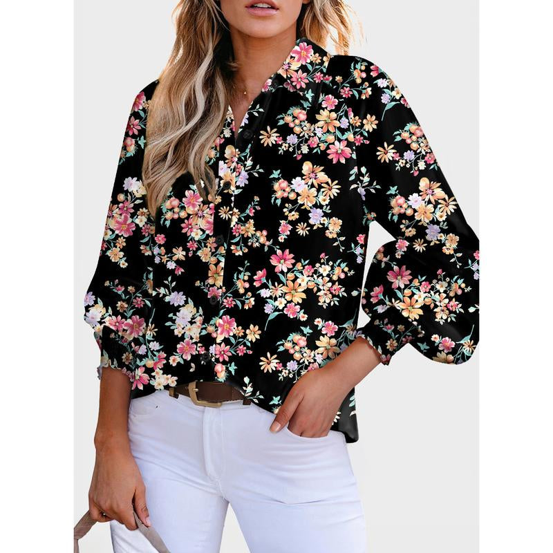 Dokotoo Women'S Casual V Neck Allover Floral Print Long Sleeve Chiffon Button down Blouses Bohemian Top Shirts