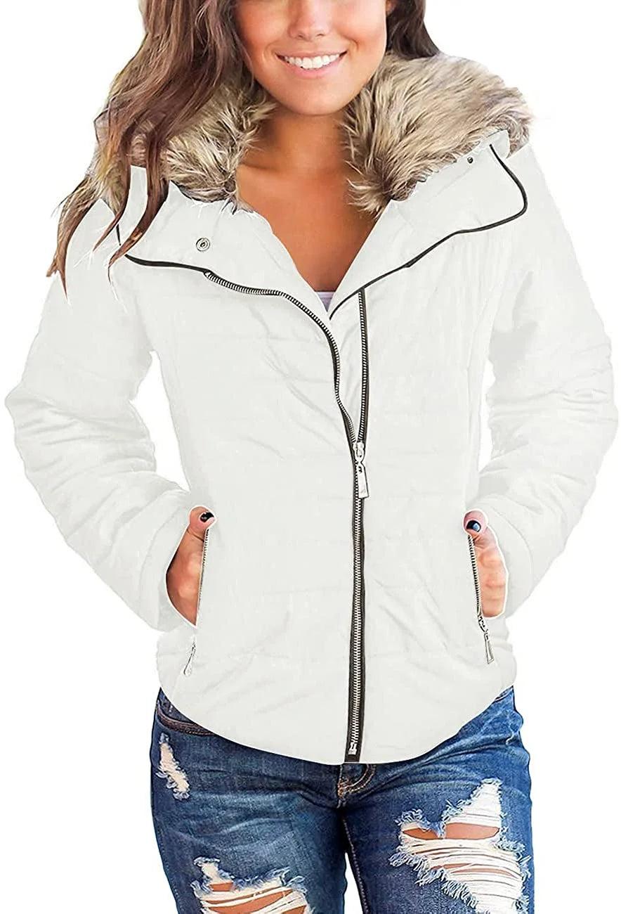 Women Parka Coat Pockets Quilted Puffer Jacket with Faux Fur Lapel, Size S-2XL