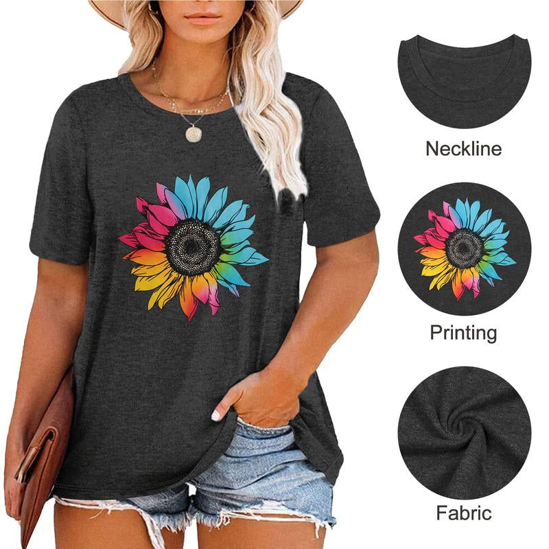 Womens plus Size Tops Casual Daisy Graphic T Shirts Short Sleeve Loose Summer Blouse