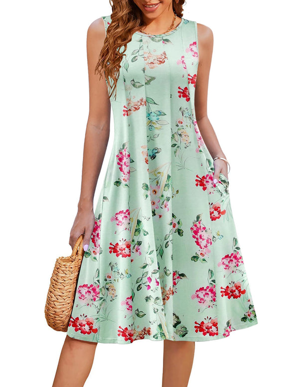 HOTOUCH Women Printed Summer Dress Sleeveless Swing Dress Pleated Casual Tank T Shirt Dresses with Pockets Flowy Mint Green Floral XL