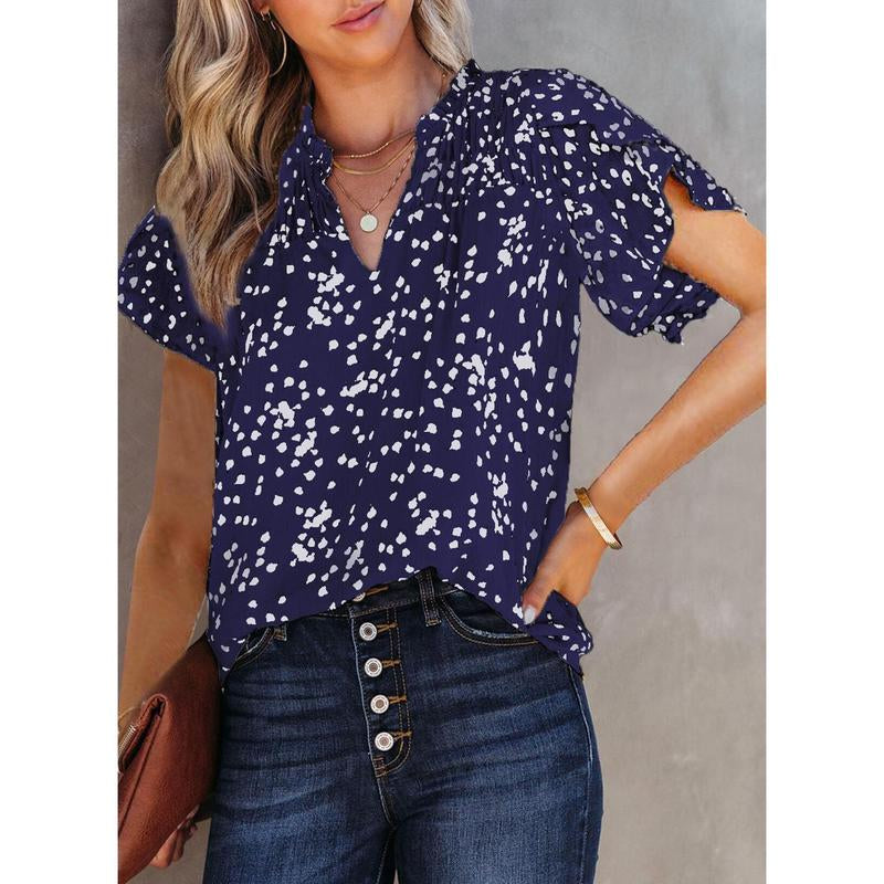 Dokotoo Women'S Casual V Neck Alicia Floral Print Smocked Short Sleeve Chiffon Blouses Bohemian Top Shirts