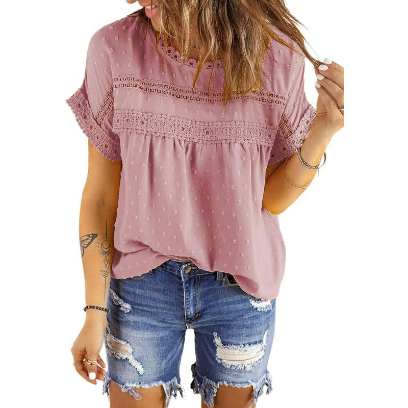 Dokotoo Womens Summer Tops Crewneck Lace Crochet Short Sleeve Shirts Casual Chiffon Blouses