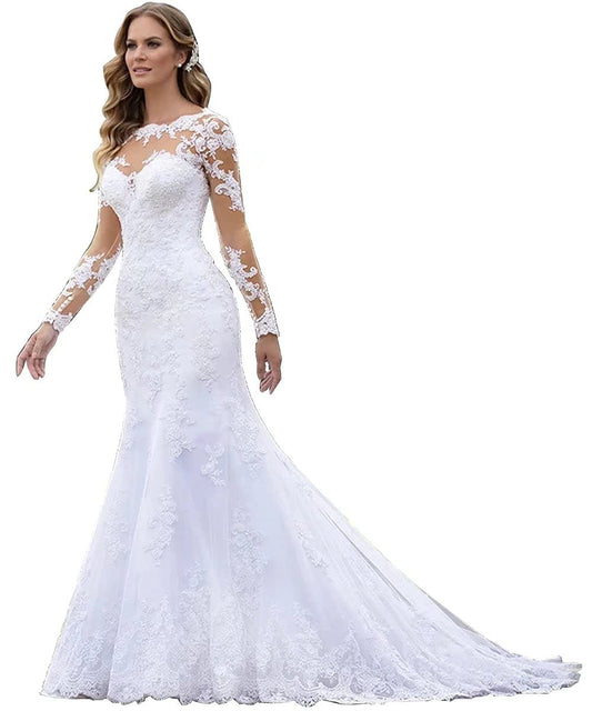 Yuxin Simple Lace Wedding Dresses with Sleeve Scoop Trumpet Mermaid Bridal Dress for Bride with Train 2024 White Us16