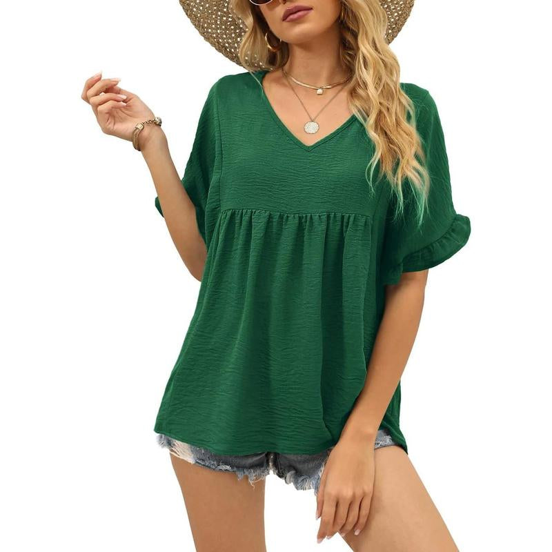 WIHOLL Womens Tops Casual V Neck Ruffle Sleeve T Shirts Babydoll Loose Fit Peplum Tops