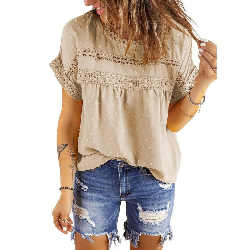 Dokotoo Womens Summer Tops Crewneck Lace Crochet Short Sleeve Shirts Casual Chiffon Blouses