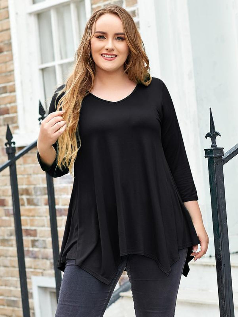 LARACE plus Size Tops for Women 3/4 Sleeve Christmas Crewneck Blouses Shirts Tunic Womenswear Asymmetrical Plussize Basic Top Dress Flowy Fabric Fit Christmas Clothes Blouse Women Tops Basic Minimalist Christmas T-Shirts Comfortable Tops Outfits Suits