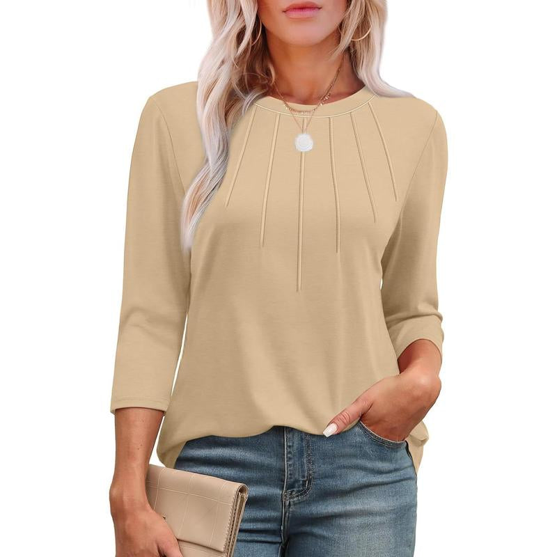 WIHOLL 3/4 Length Sleeve Womens Tops round Neck Casual Tunic Tops Basic Pleated Shirts Loose Fit 2024