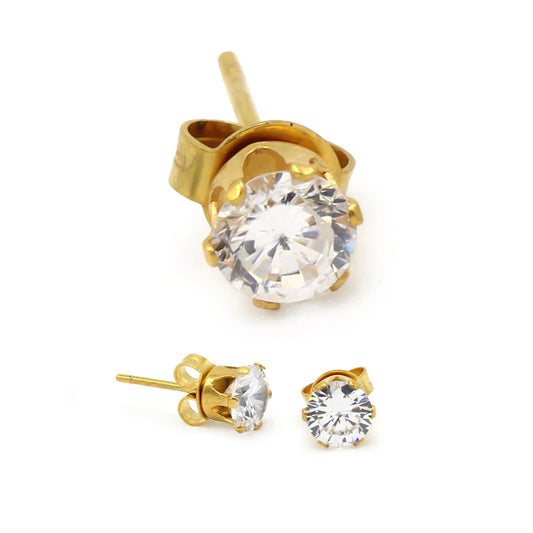 Men Stud Earrings CZ 14K Gold Plated Stainless Steel Jewelry round 6 Mm