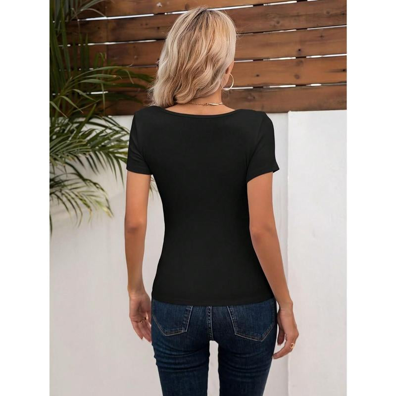 Womens Summer Short Sleeve T Shirts Knit Slim Fit One Piece Cutout Scoop Neck Going Out Date Night Tops
