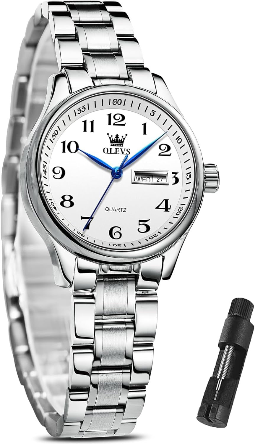 Women Watches Date and Day,Ladies Watches with Silver Gold Stainless Steel,Elegent Female for Small Wrist Watch(White/Black/Blue/Gold Face)