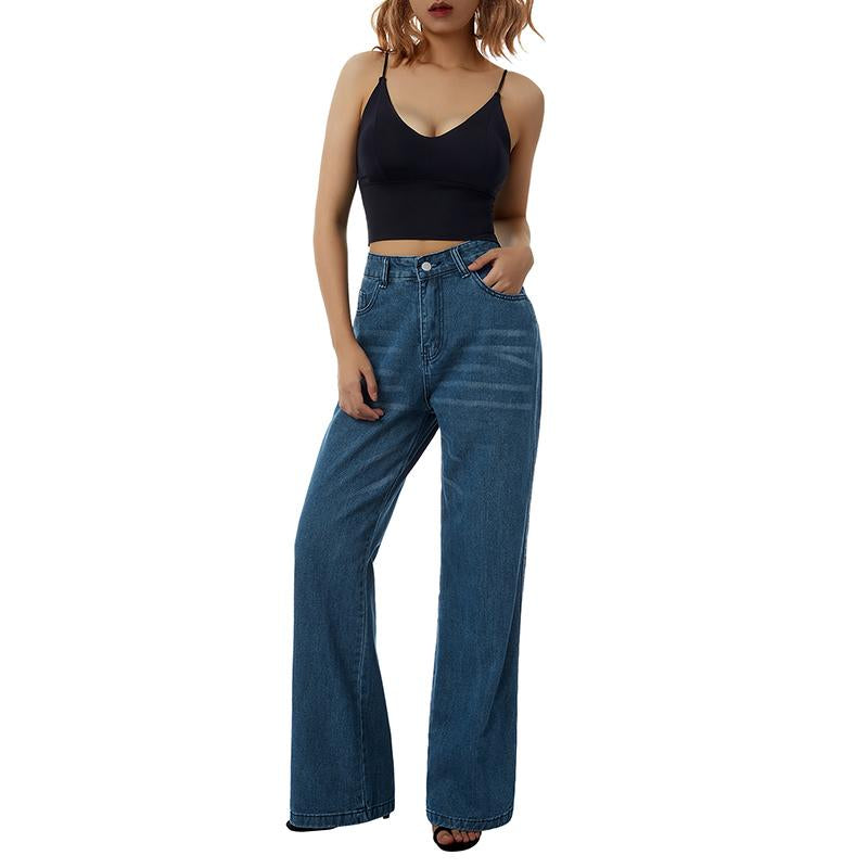 2022 New Style Women´S Casual Loose Jeans Breathable Wide-Leg Pants with Pockets Summer Spring Fashion Denim Long Trouser