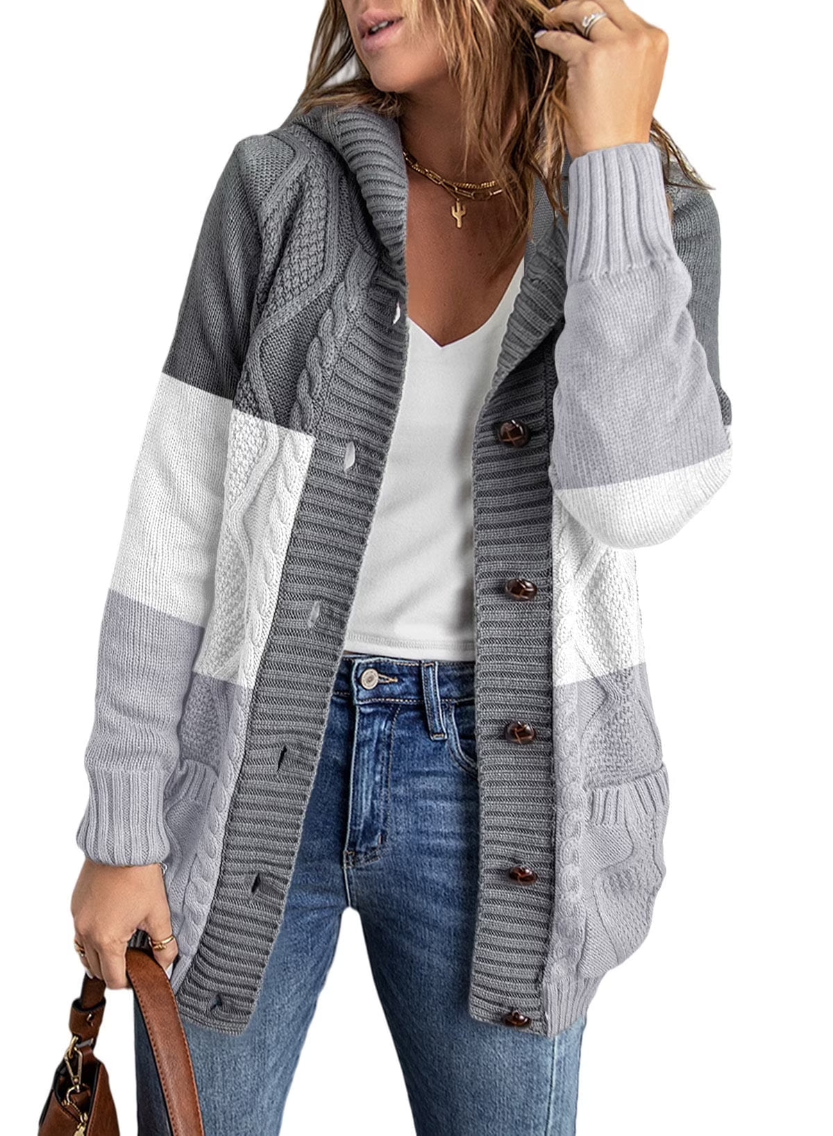 Hooded Cardigan Sweaters for Women Long Sleeve Button down Knit Sweater Coat Outwear with Pockets