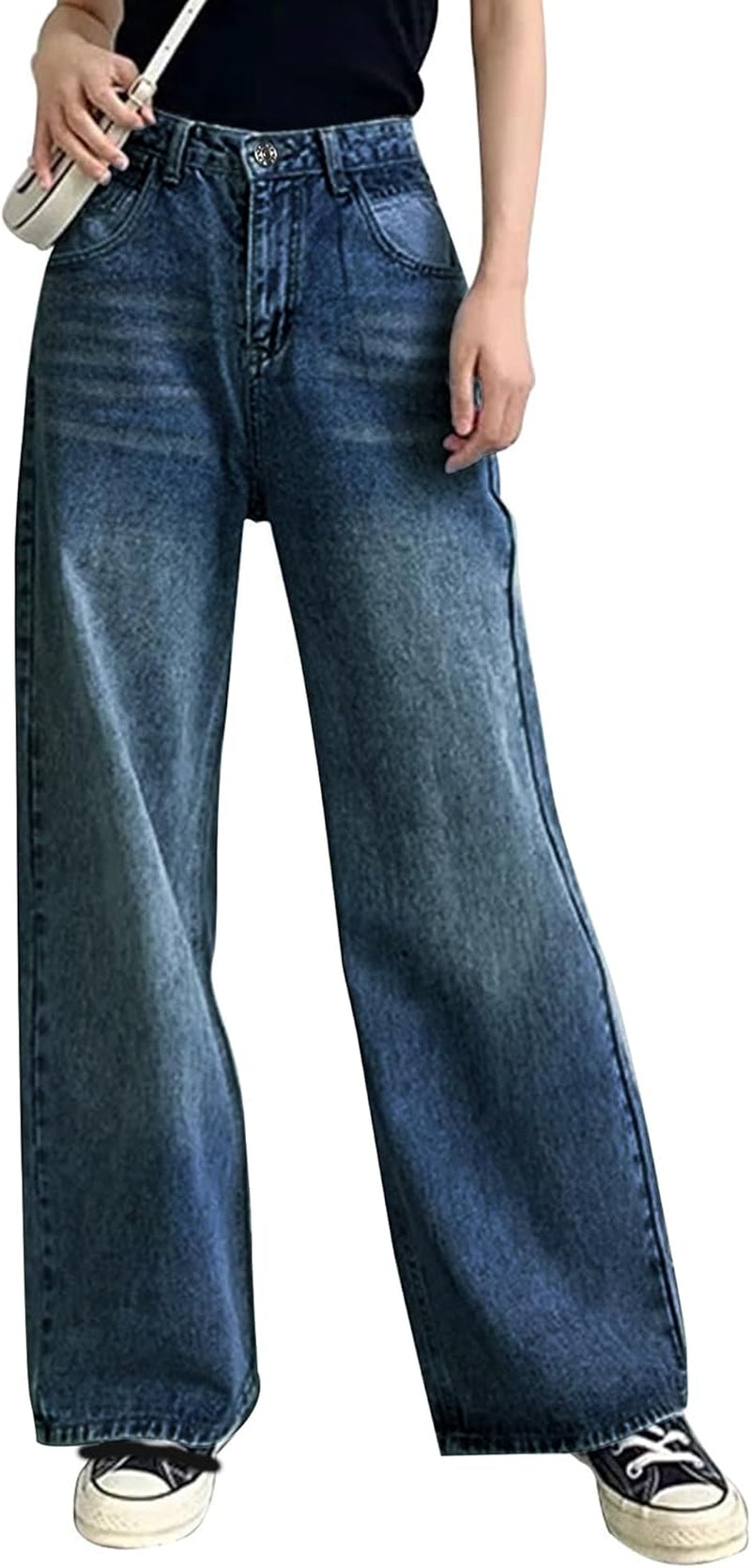 Baggy Wide Leg Jeans for Women High Waisted Trendy Flare Jeans Boyfriend Denim Pants with Patch Pockets