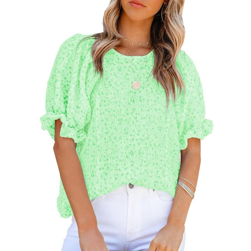 Dokotoo Floral Print Blouses for Women Crewneck Smocked Puff Sleeve Shirts Casual Babydoll Tops