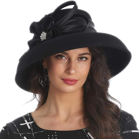 FORBUSITE Women Wool Felt Dress Party Hats for Fall Winter Church Hats 1920s 1950s 60s (Down Brim with Rhinestone-Black)