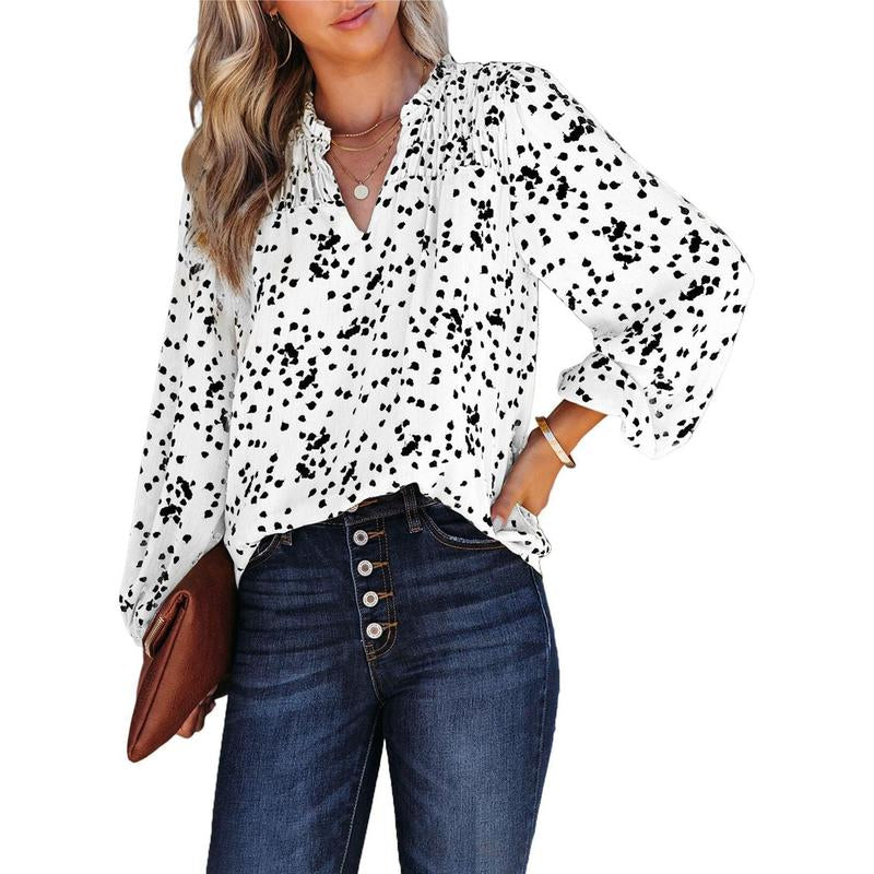Dokotoo Women'S Casual V Neck Alicia Floral Print Smocked Long Sleeve Chiffon Blouses Bohemian Top Shirts