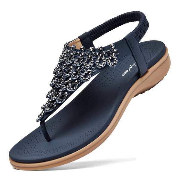 Littleplum Womens Sandals Arch Support Slingback Sandals Summer Beach Shoes Ankle Strap Thong Elastic Flat Sandals for Women Chic Blue Size 7.5