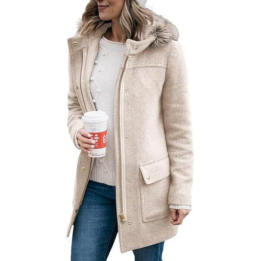 Goranbon Womens Coats Fall Winter Mid Length Thick Warm Pea Coat Elegant Faux Wool Coat with Detachable Hat Jacket Outerwear