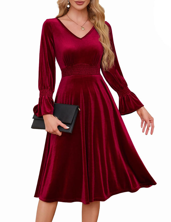 Meetjen Womens Velvet Long Sleeve Dress Vintage Cocktail Dress Tea Length Formal Swing Wedding Party Dress Dark Red XL