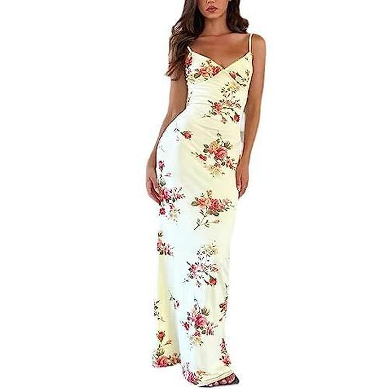 Womens Dress Dresses for Women Midi Dress Maxi Dress Mini Dress Women Vintage Spaghetti Strap Maxi Dress Sexy Low Cut Backless Floral Satin Slip Long Dress Y2K Cami Bodycon Dresses