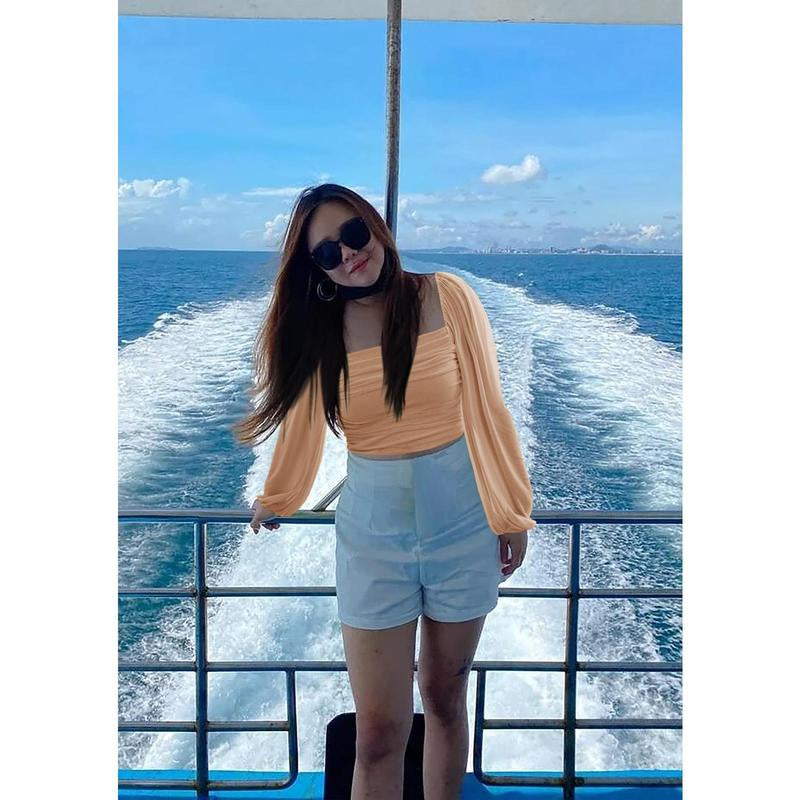 Tankaneo Women'S Summer Mesh Long Sleeve Tops Square Neck Ruched Party Club Casual Crop Blouse Shirt RP5408