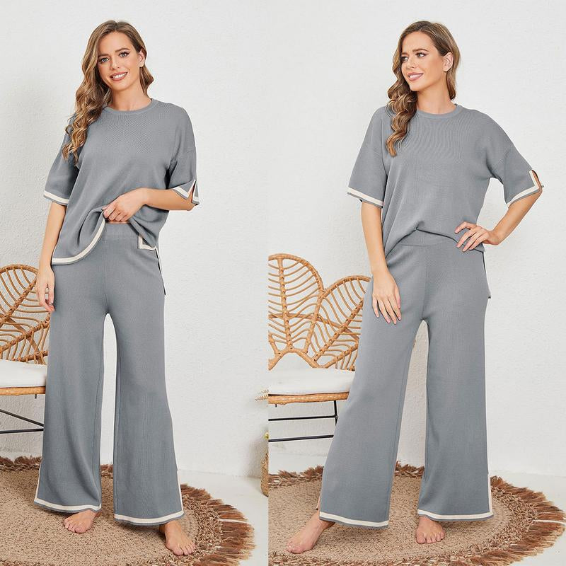 Naeduo Sweater Sets Women 2 Piece Lounge Sets Short Sleeve Knit Pullover Tops Wide Leg Pants
