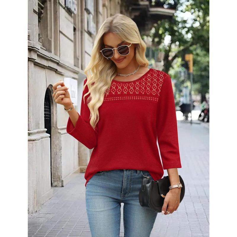 OFEEFAN Women Blouses Dressy Casual 3/4 Length Sleeve Tops plus Size Fall Clothes Lace Crochet Trendy Waffle Shirts