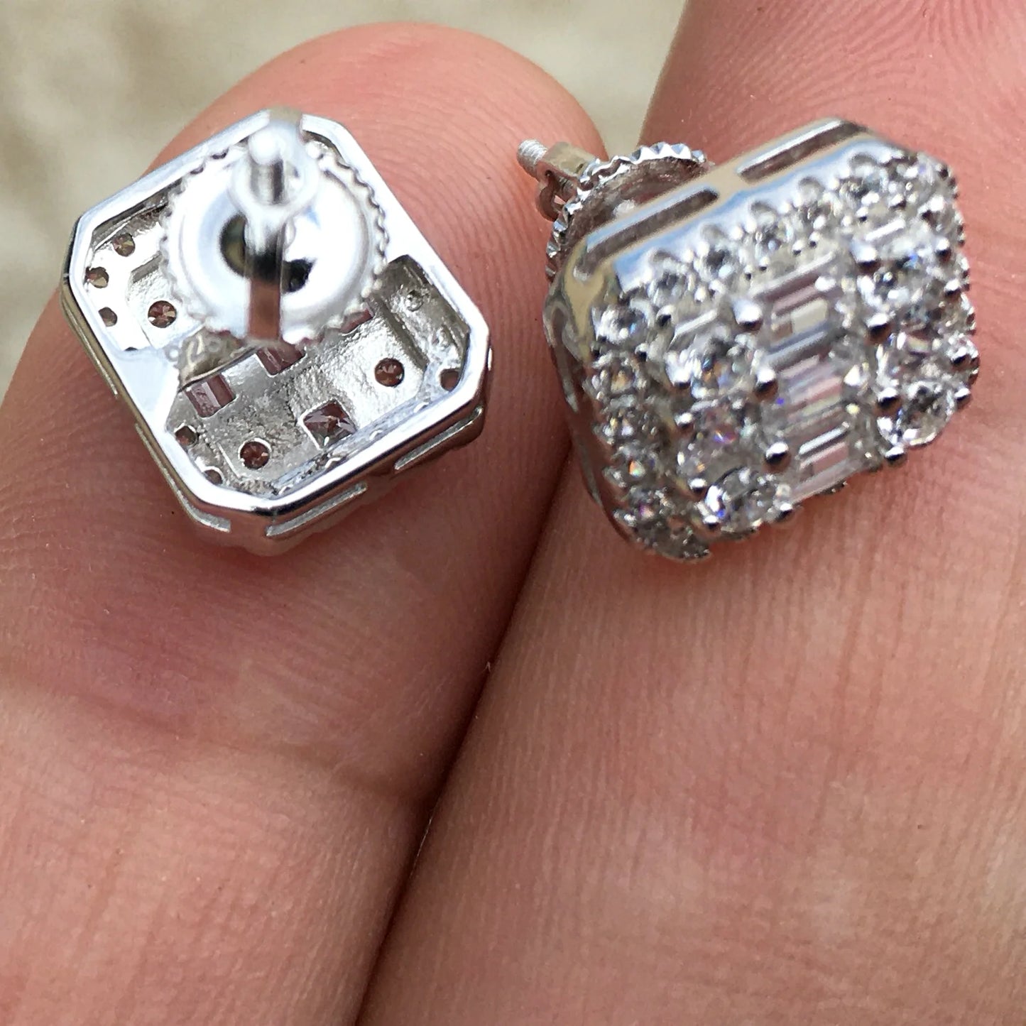 Real Solid 925 Sterling Silver Baguette Iced Earrings Bling Flooded Out CZ Screw Backs