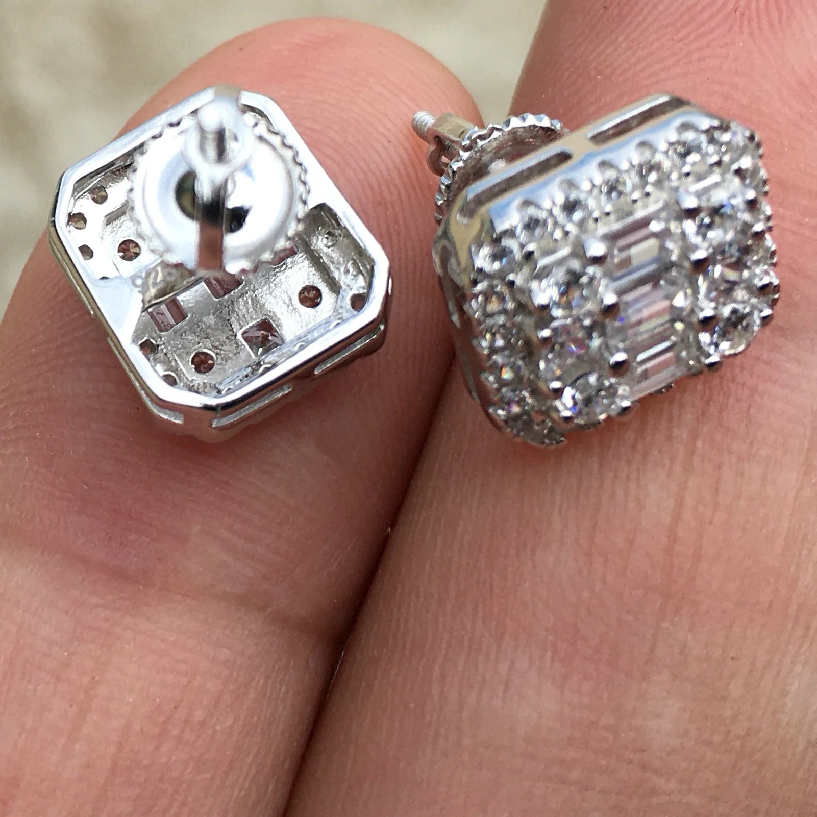 Real Solid 925 Sterling Silver Baguette Iced Earrings Bling Flooded Out CZ Screw Backs