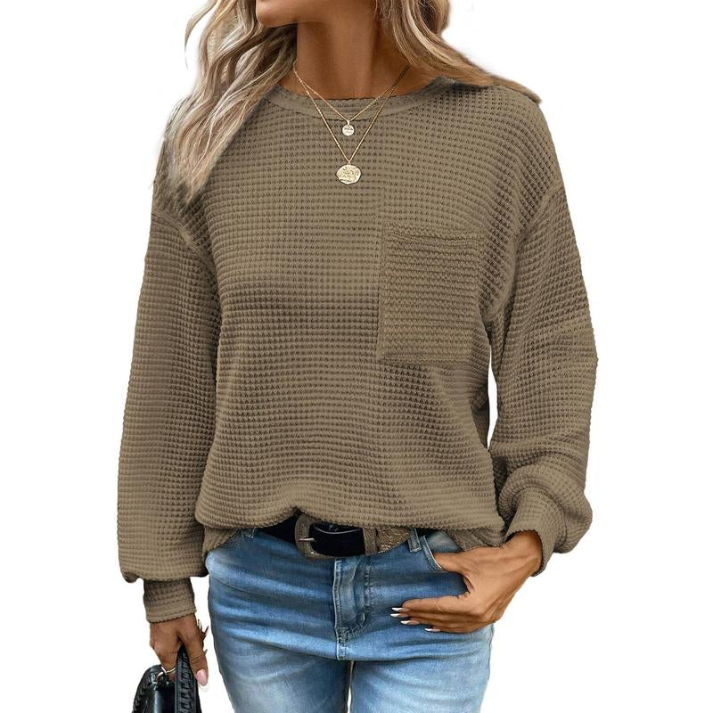Dokotoo Womens Tops 2025 Oversized Long Sleeve Crewneck Waffle Knit Shirts Business Casual Blouses Basic Shirts Clothes Elegant