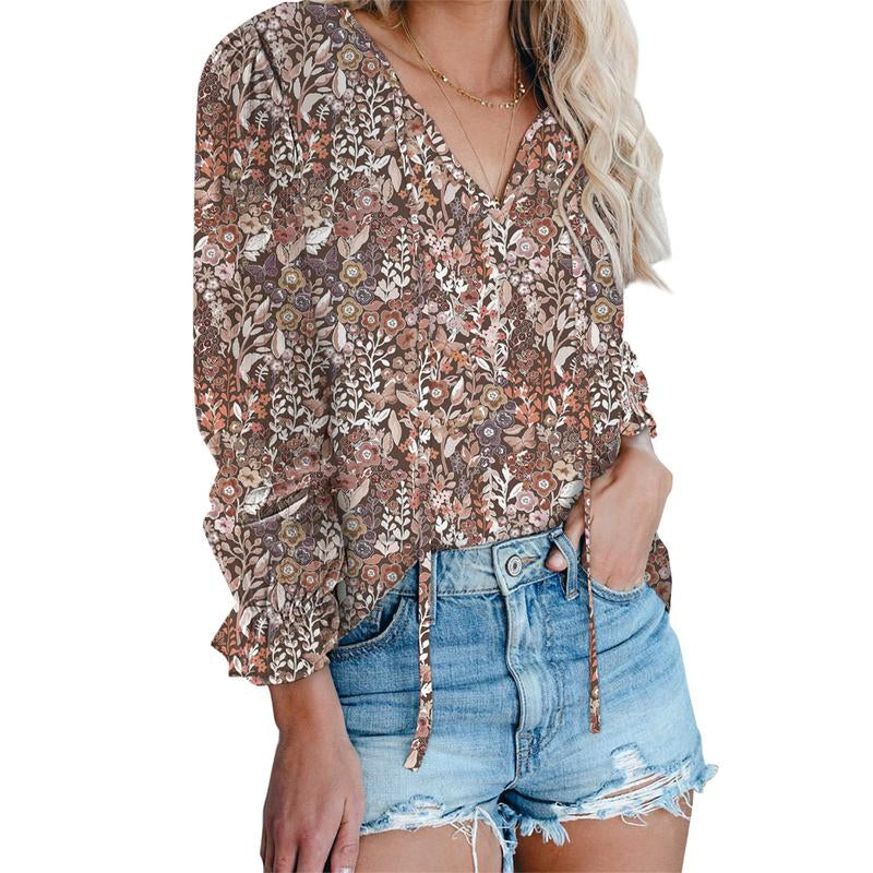 Dokotoo Women'S Casual Boho Floral Printed V Neck Tops Drawstring Short Long Sleeve T Shirt Blouses