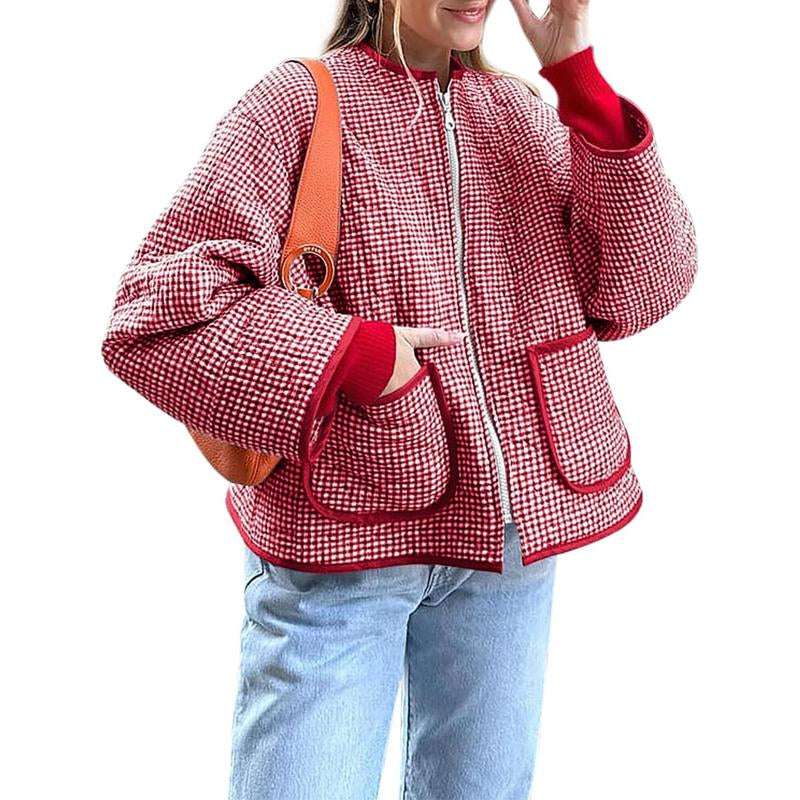 LAICIGO Womens Fall Winter Warm Jackets Fashion Crew Neck Quilted Plaid Jacket Full Zipper Coats