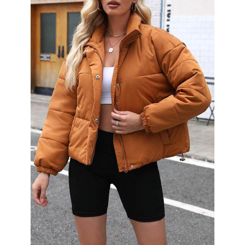 Imily Bela Womens Cropped Puffer Jackets Long Sleeve Stand Collar Coats Quilted Zipper Outerwear