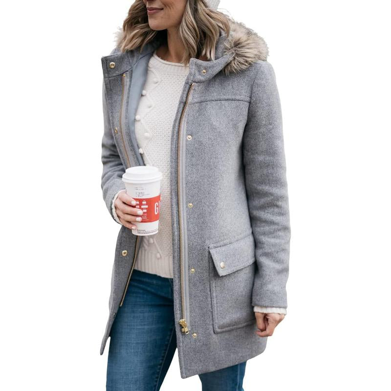 Goranbon Womens Coats Fall Winter Mid Length Thick Warm Pea Coat Elegant Faux Wool Coat with Detachable Hat Jacket Outerwear