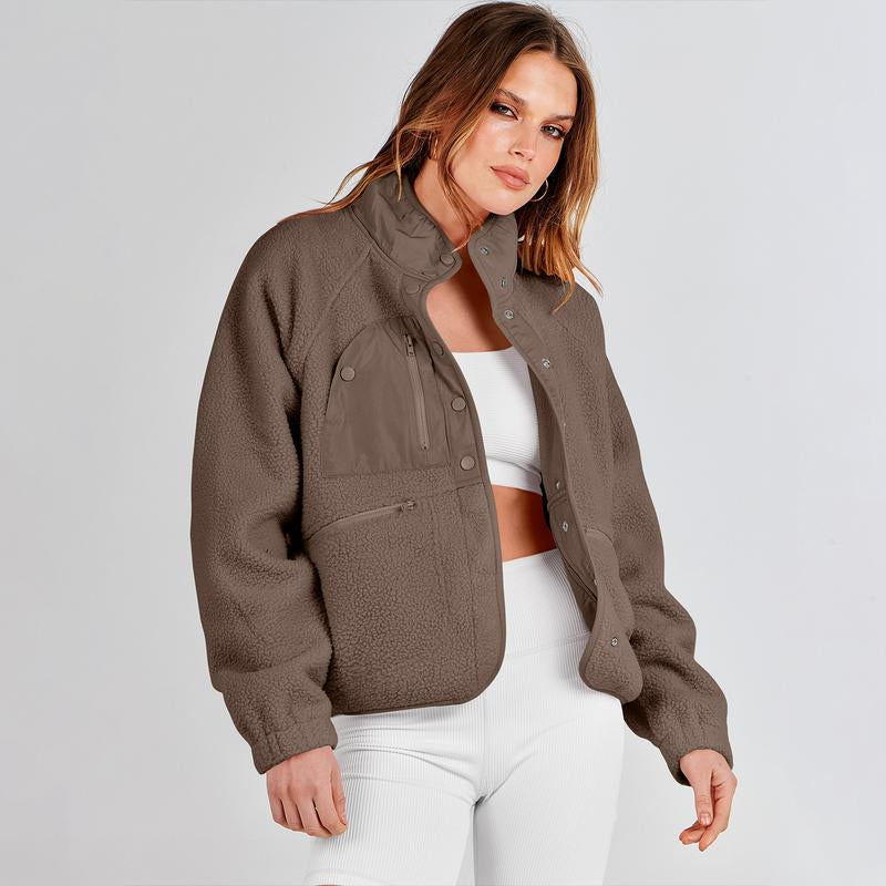 ANRABESS Womens Fleece Jacket Button down Shacket Casual Sherpa Cropped Coats Warm Outwear with Pockets