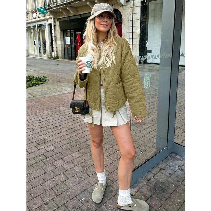 Womens Collarless Lightweight Quilted Jackets Casual Oversized Puffer Coats Zip up Drawstring Outerwe