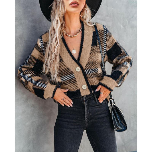 Womens Cardigan Sweaters Plaid Fuzzy Knit V Neck Button down Long Sleeve Cozy Cardigans Pullover Tops