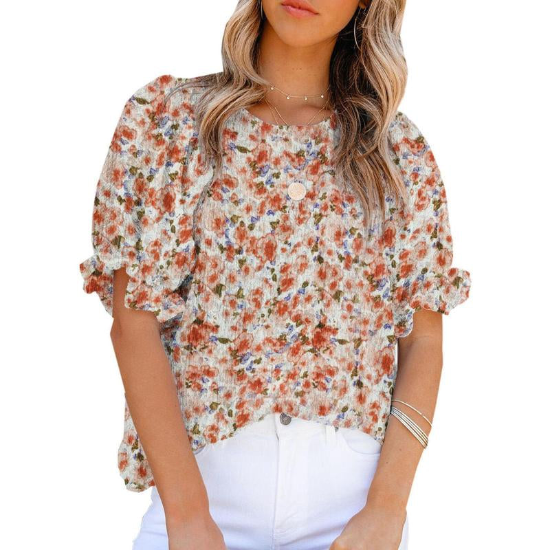 Dokotoo Floral Print Blouses for Women Crewneck Smocked Puff Sleeve Shirts Casual Babydoll Tops