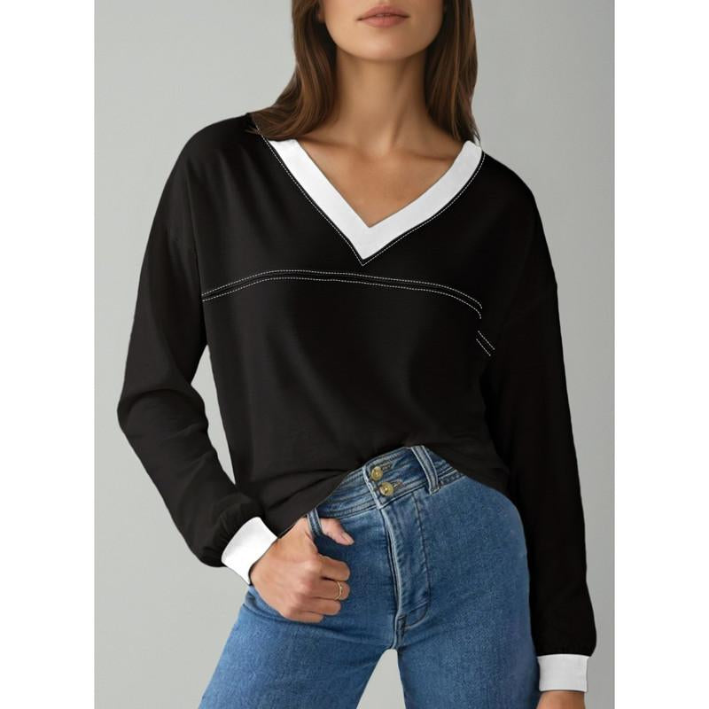 Dokotoo Women Blouses Dressy Casual Long Sleeve Shirts V Neck Color Block Tops Fall Outfits 2025