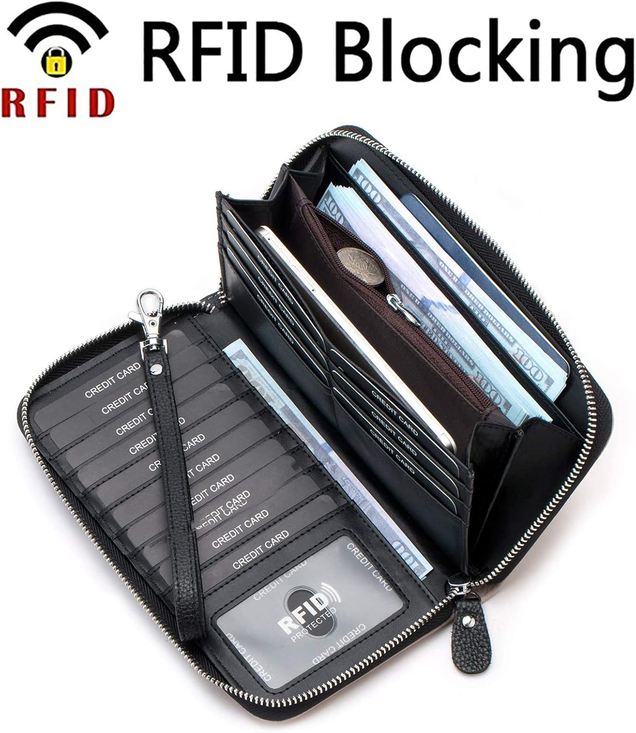 Womens Wallet RFID Blocking Genuine Leather Multi Credit Card Large Capacity Zip around Clutch Travel Purse Wristlet