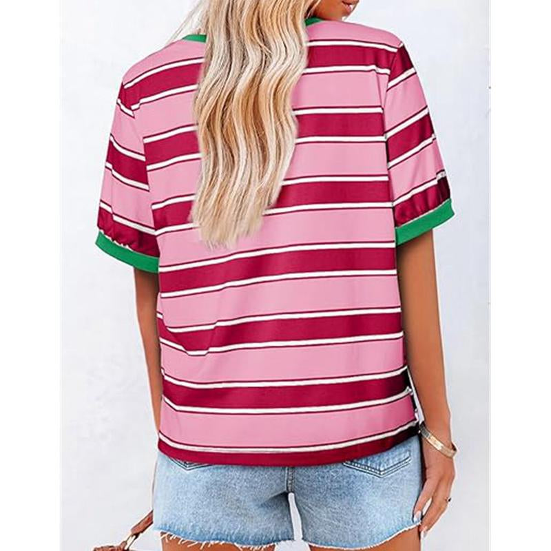 Encolax Tops for Women Striped Fashion T Shirts for Women Color Block Crewneck Design Loose Basic Tee