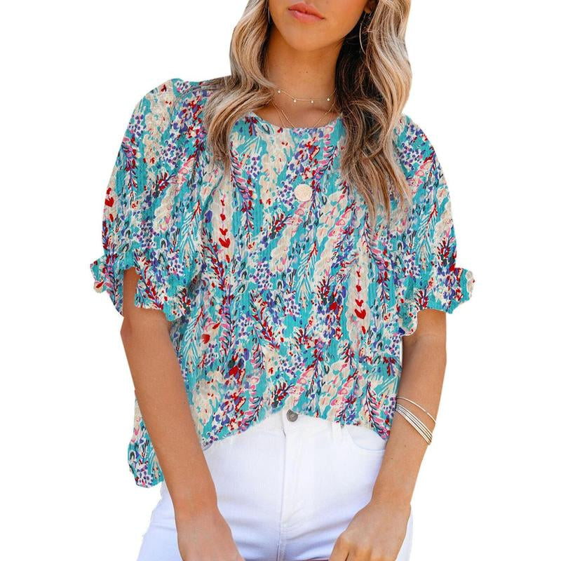 Dokotoo Floral Print Blouses for Women Crewneck Smocked Puff Sleeve Shirts Casual Babydoll Tops
