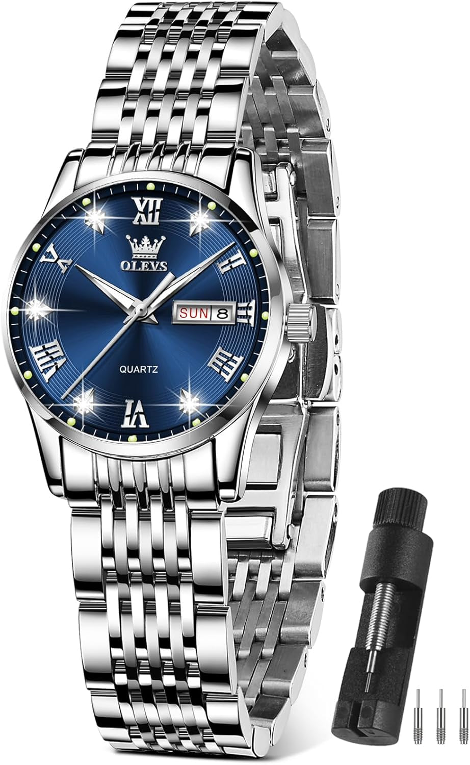 Women Watches Date and Day,Ladies Watches with Silver Gold Stainless Steel,Elegent Female for Small Wrist Watch(White/Black/Blue/Gold Face)