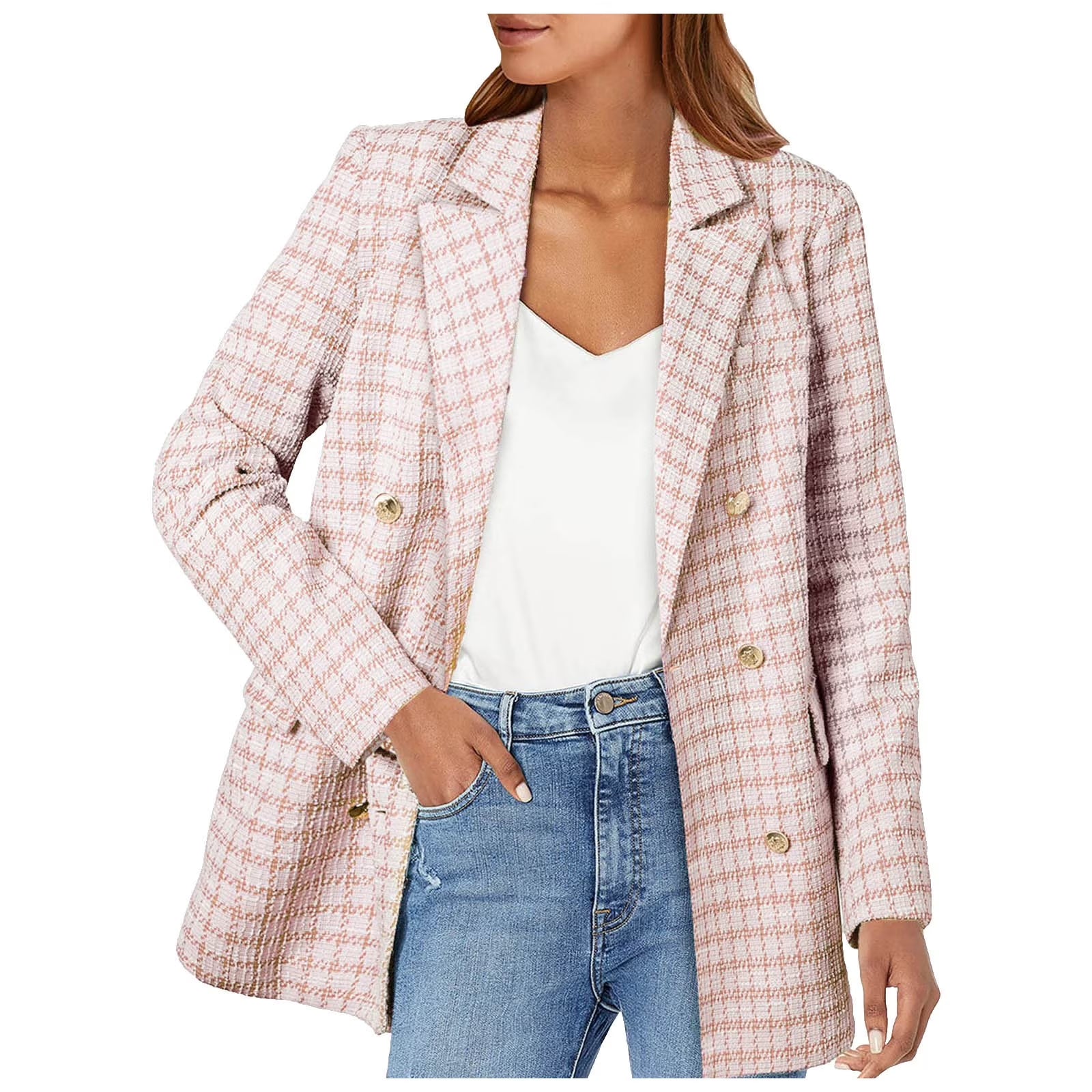 Womens Tweed Blazers Casual Jackets Long Sleeve Double Open Front Plaid Blazer Jackets Work Suits(Pink,M)