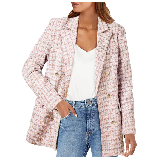 Womens Tweed Blazers Casual Jackets Long Sleeve Double Open Front Plaid Blazer Jackets Work Suits(Pink,M)