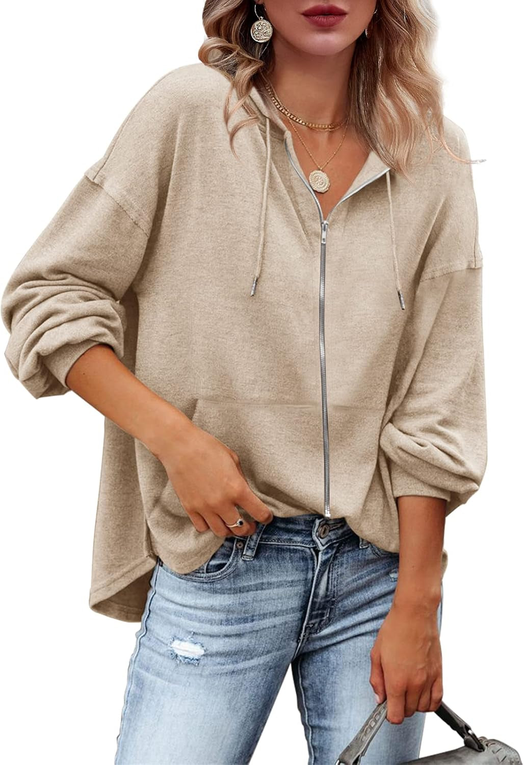 Womens Zip up Hoodies Loose Fit Sweatshirt Casual Long Sleeve Shirts for Women Pullover Tops with Pocket