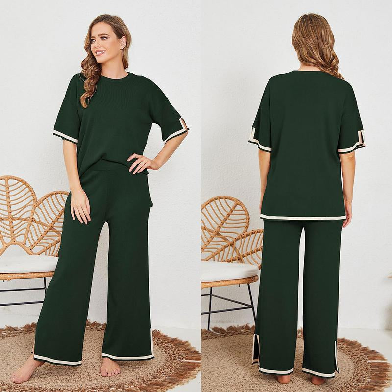 Naeduo Sweater Sets Women 2 Piece Lounge Sets Short Sleeve Knit Pullover Tops Wide Leg Pants