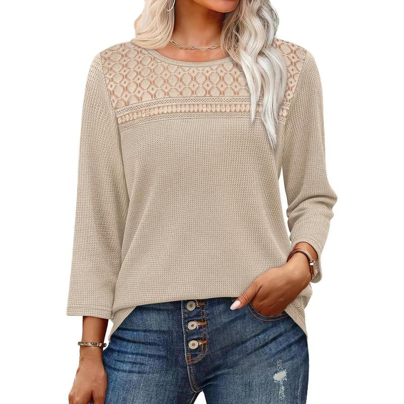 OFEEFAN Women Blouses Dressy Casual 3/4 Length Sleeve Tops plus Size Fall Clothes Lace Crochet Trendy Waffle Shirts