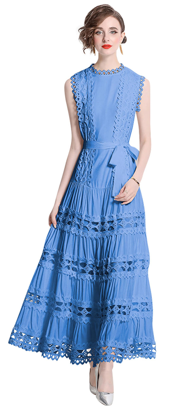 LAI MENG FIVE CATS Women Sleeveless Hollow Out Maxi Dress Casual Wedding Guest Long Dress with Belt Blue